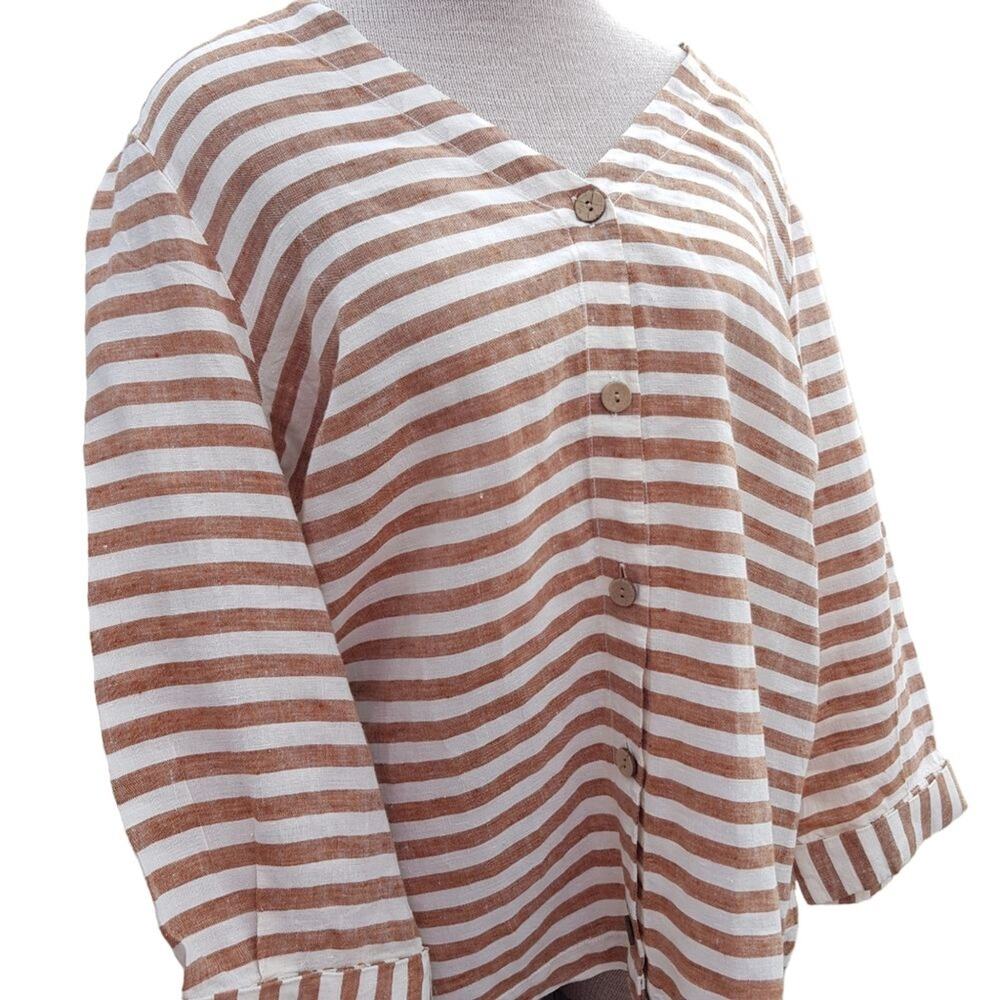 100% Linen Shirt Women's Medium Brown White Striped Button-Up Top Rachel Zoe